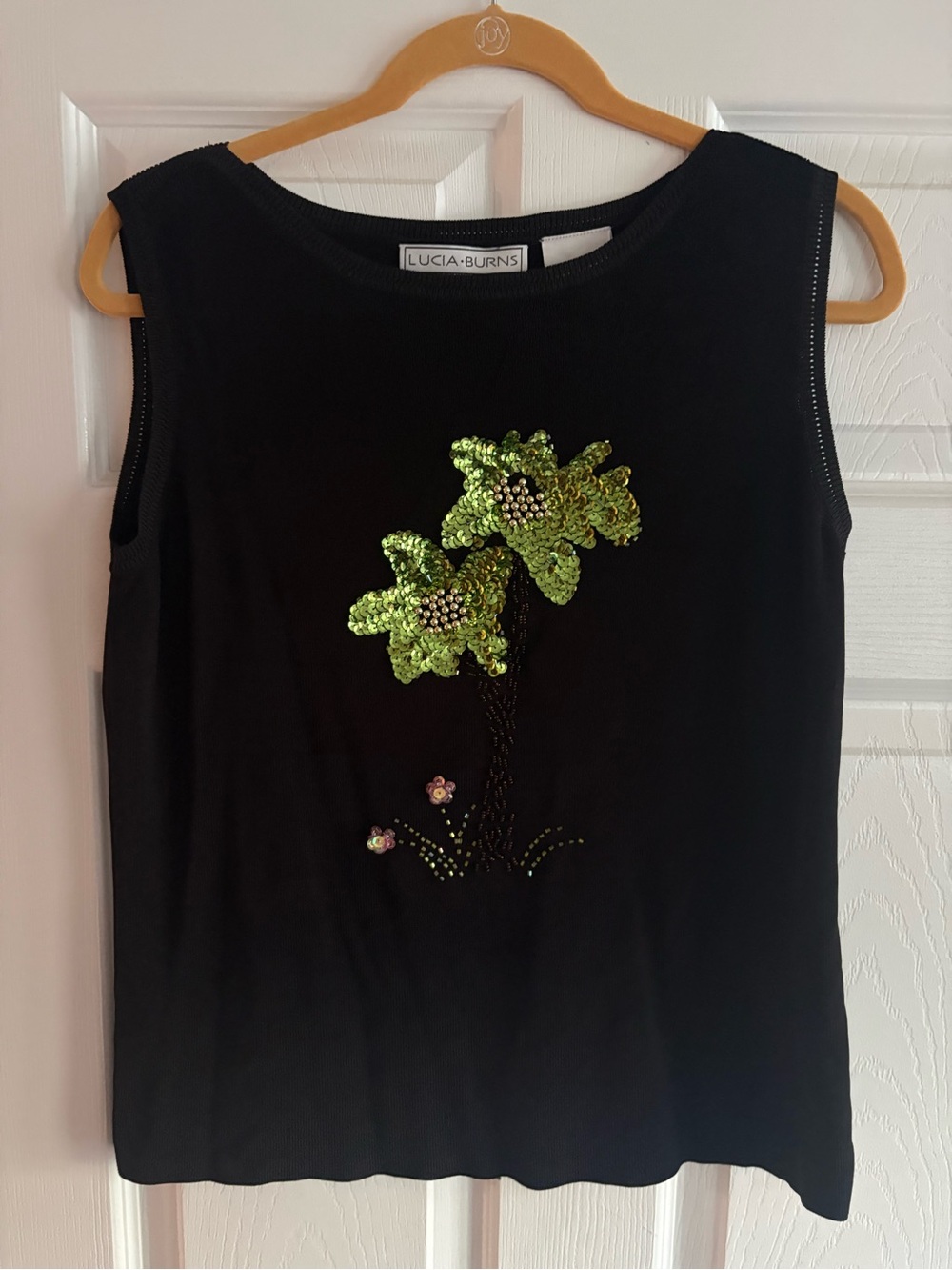 Lucia Burns tank top sleeveless black sequins palm tree tropical women's XL